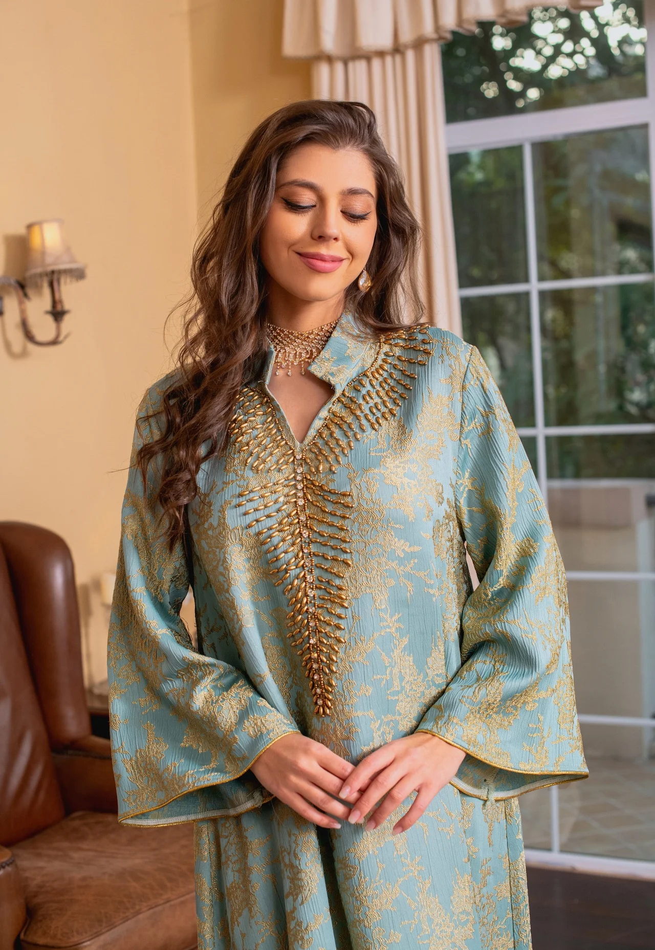 New Eid Muslim Dress for Women Beading Stand Collar Jalabiya Party Dress Arab Long Robe Morocco Kaftan Embroidery Luxury Abaya