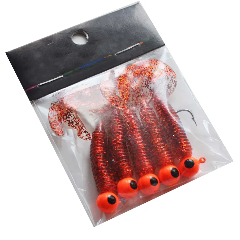 FIshing tackle ready to fish lure set 5g jig head 6cm Grub soft plastics 5pcs/bag fishing lure
