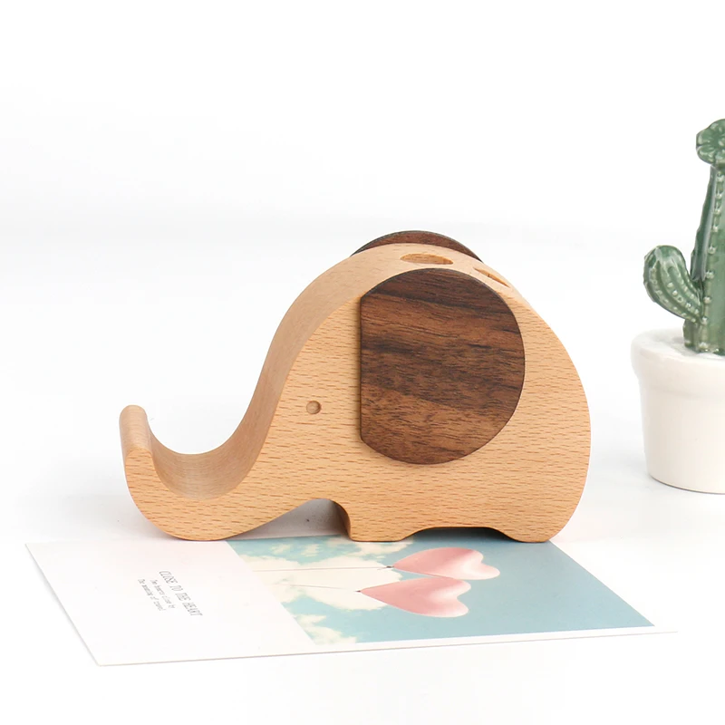 Elephant shape wooden pen holder office desk accessories wooden pencil holder with mobile phone/iphone stand holder