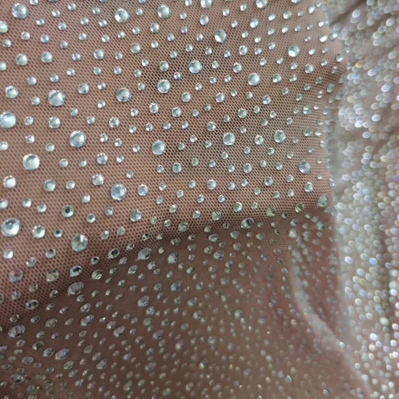 Hot Sale Rhinestone Clothing Material Starry Crystal Stretchable Mesh Fabric Any Color Can Custom