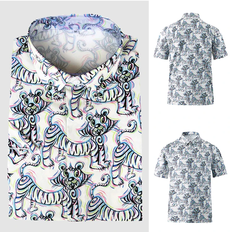 Custom Italian Resort Casual Big Size Clothes Fitting Summer Printed Tiger Short Sleeve Beach Shirts For Men