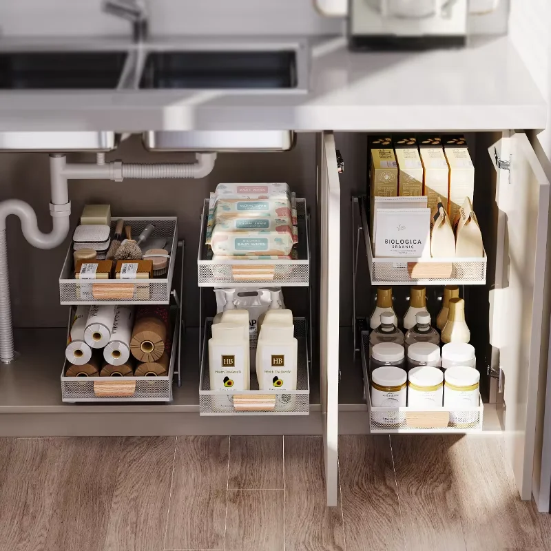 Tiktok Best Selling Black Metal New Sliding Storage Shelves Storage Rack Clear Organizer Under Sink Organizers For Kitchen