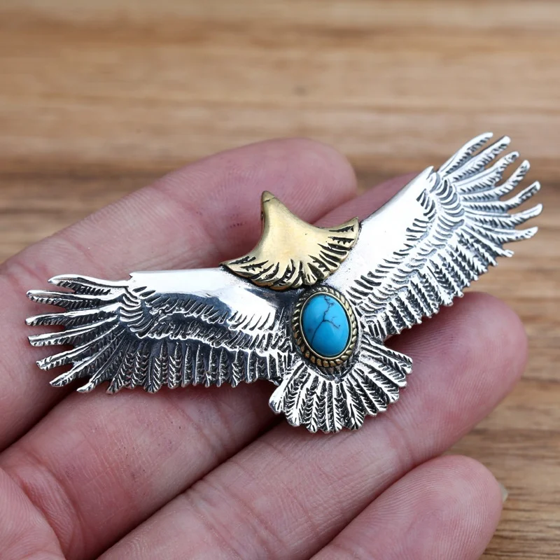 Fashion personalized jewelry solid 925 sterling silver big golden eagle feather turquoise pendant wholesale