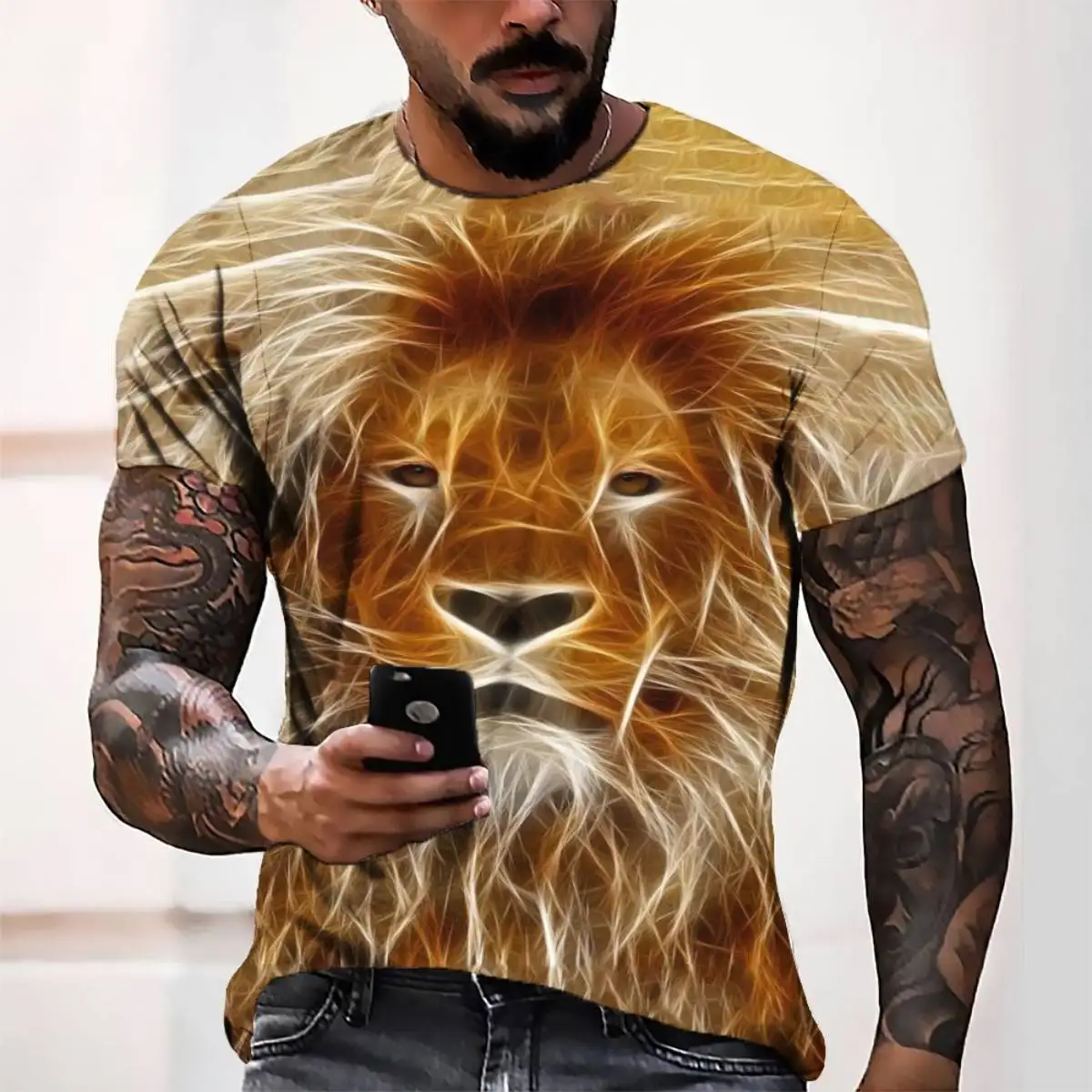 Wholesale Low MOQ Summer Printed Lion Pattern Animal T Shirt Quick Dry Polyester Street 3d T Shirt For Men (1600576848959)