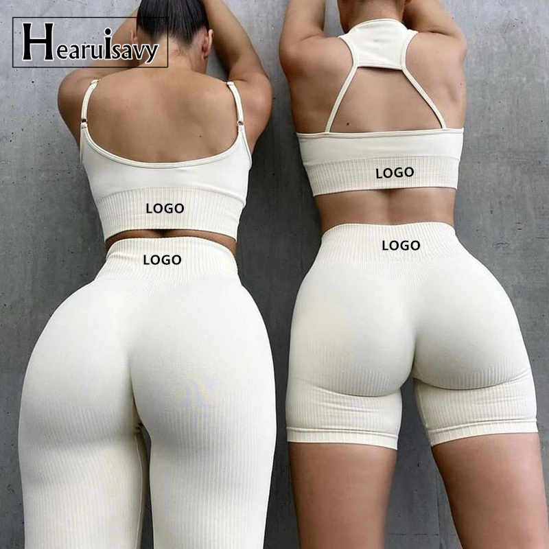 Tiktok Hot Sale Fitness Apparel Women Seamless Yoga Leggings Gym Set Athletic Wear Ribbed Biker Shorts Workout Clothes