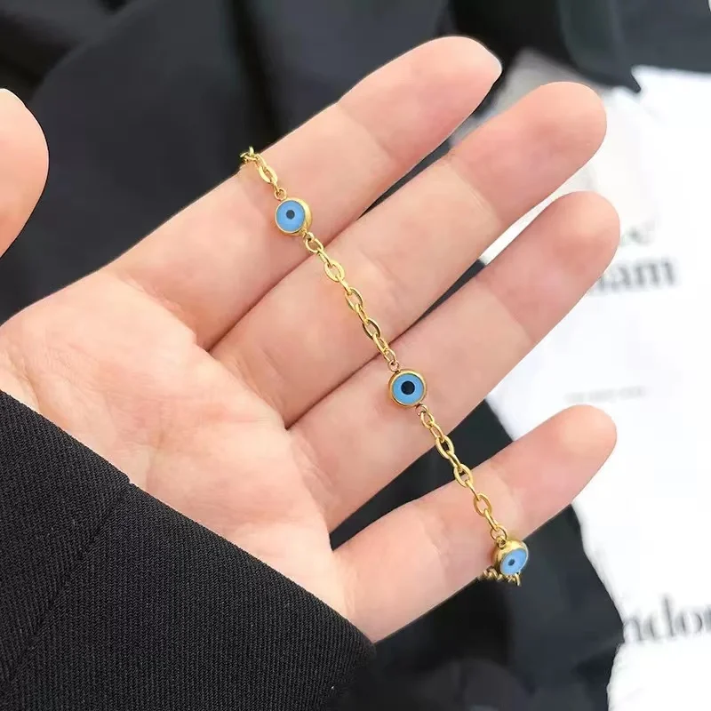 PJ-M081 2022 New Evil Eyes Gold Plate Stainless Steel Bracelet Blue Evil Eyes Adjustable Charm Fashion Bracelet for Women