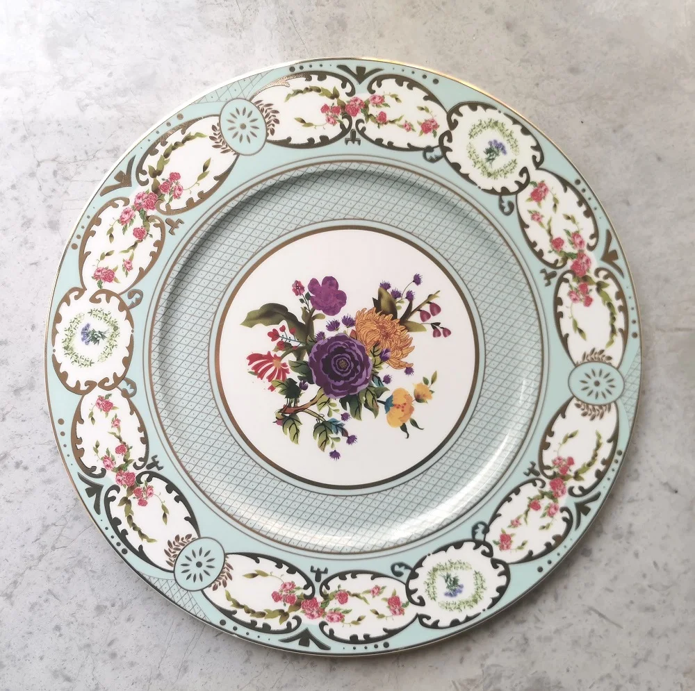 New arrival green floral bone china plates sets dinnerware luxury ceramic dishes plates charger plates wedding decoration