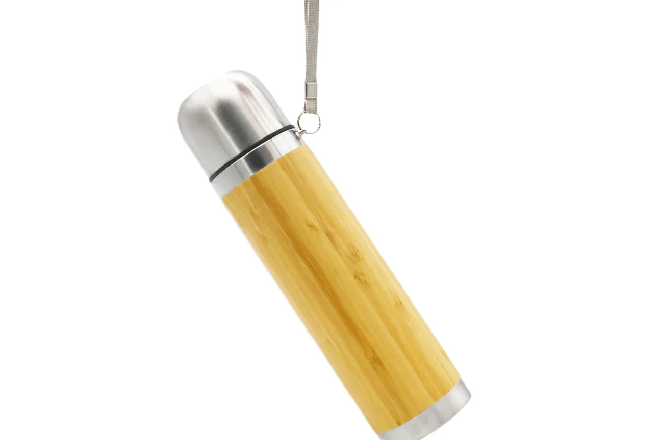 eco-friendly 500 ml stainless steel bamboo mug bullet shape vacuum flask with handle travel water bottle for hot
