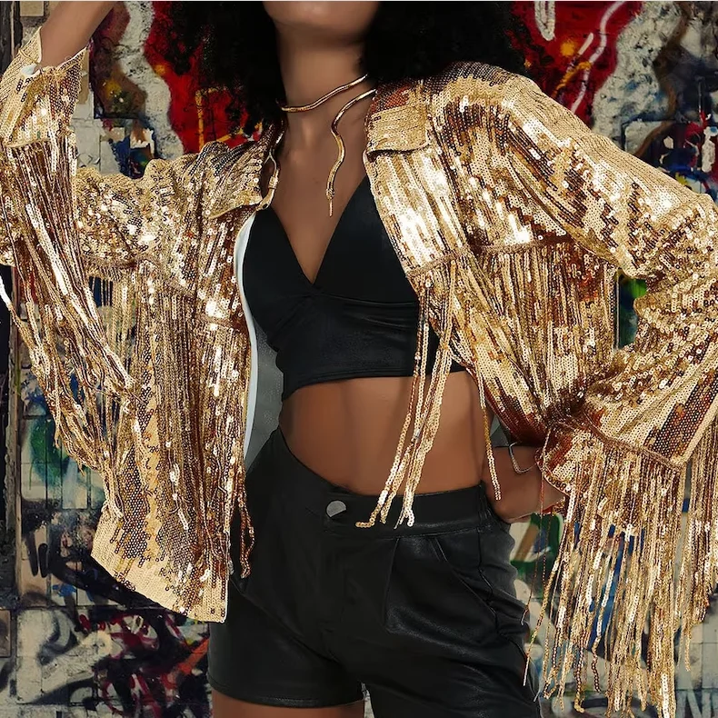 Disco Tassel Cowgirl Fringed Jacket Streetwear Mardi Gras Festival Sequin Jacket