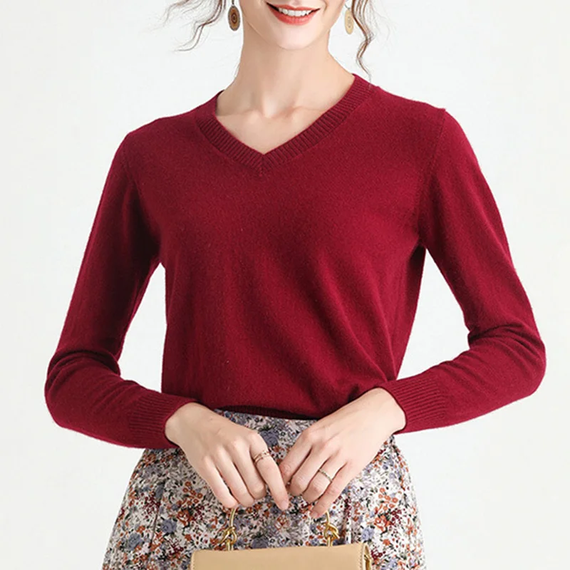 Spring Elegant Pullover Woolen Sweater Anti-pilling Loocreativev-neck Plain Jumper Knit for Womens 12GG Standard Winter Sweet