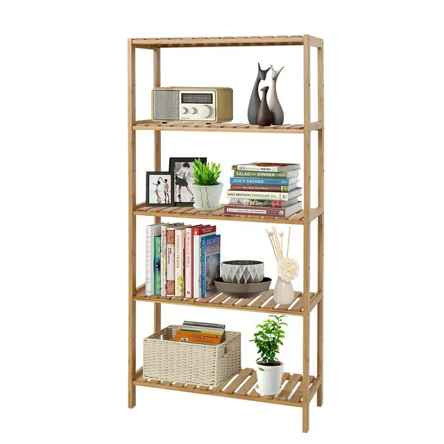 Freestanding 5 Tiers Bamboo Storage Rack Wood Book Shelf For Bathroom,Living Room And Office