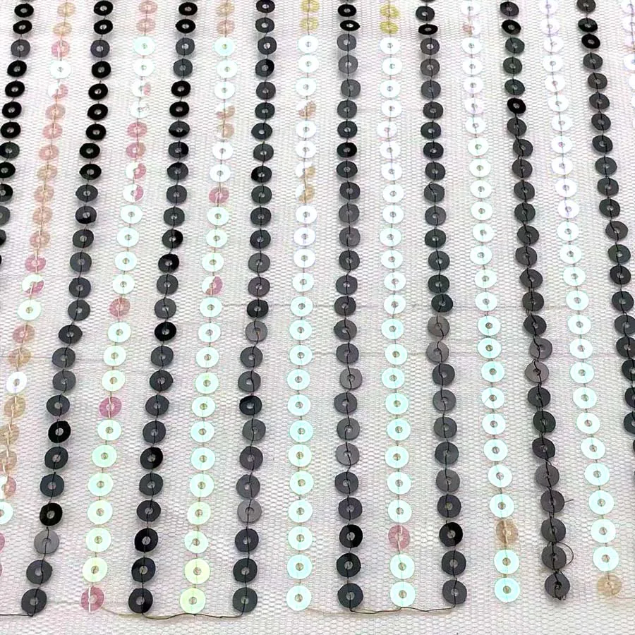Hologram Stripe Spangle Embroidered 5mm Sequin embroidered Net Fabric 100% Nylon Mesh Ground for Party Dress