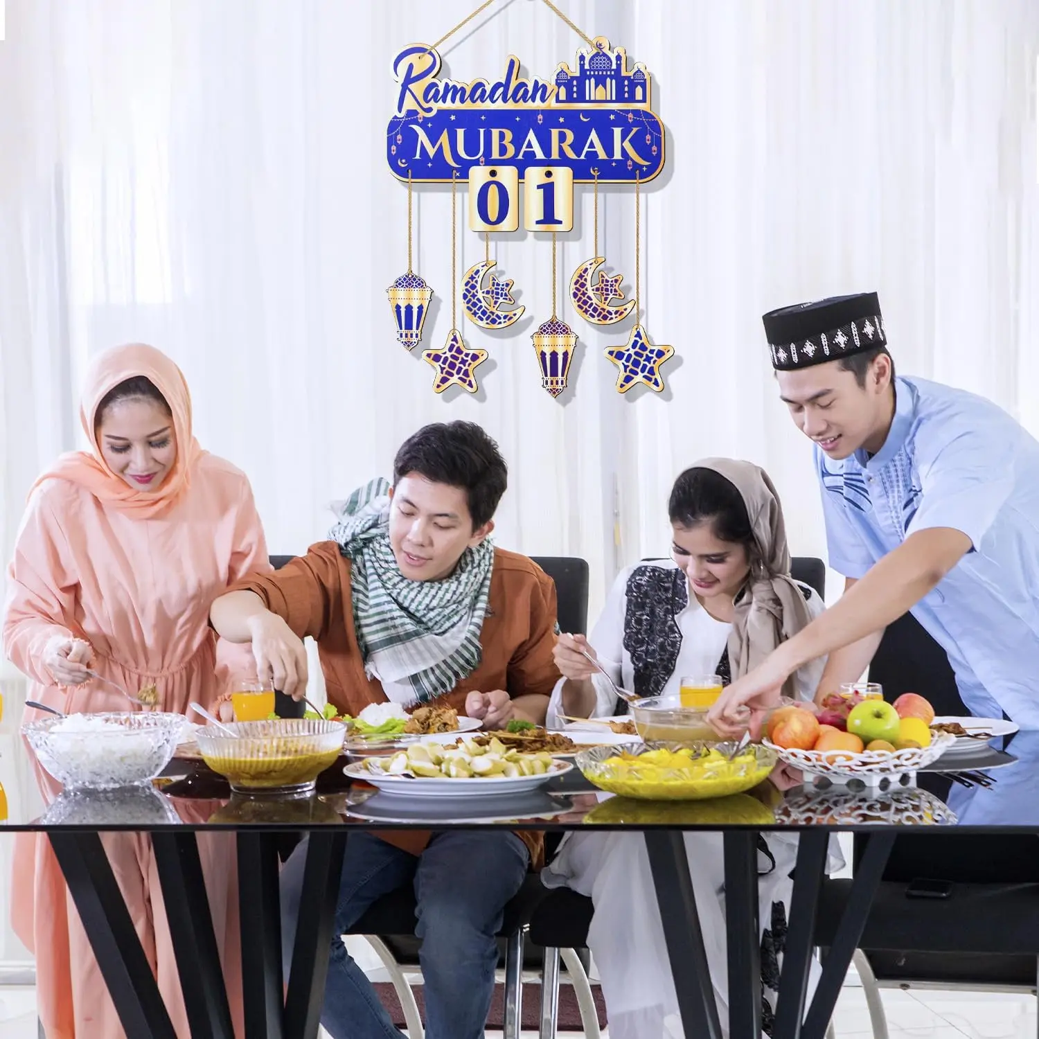 39*30cm Muslim Ramadan Party Door Sign Moon Star Wind Light Castle Shape Ornament Eid Islamic Decor Plywood Eid Countdown Decor