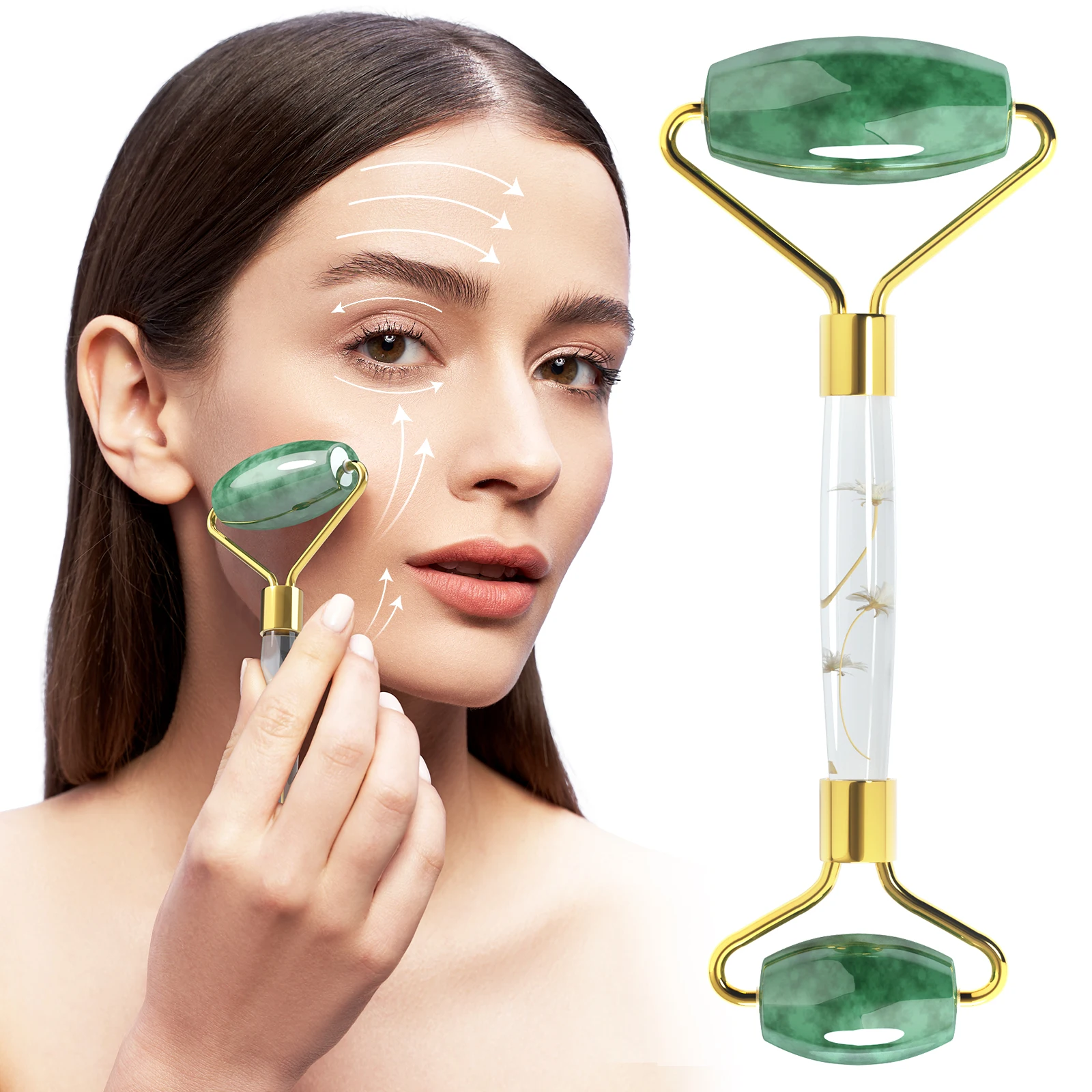 Whosale 100% natural jade face roller for women facial care health anti-anging eye green jade gua sha massage roller