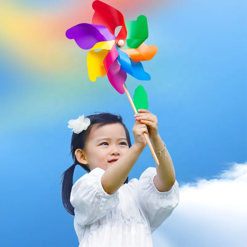Hot selling wooden windmill rainbow pinwheel other outdoor toys garden children party decoration Wooden windmill for kids