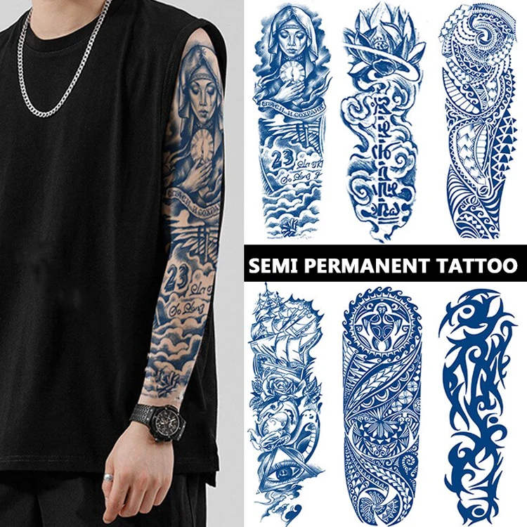 Juice Full Arm Tattoo Sticker Semi-Permanent Waterproof Temporary Men Blue Ink Dragon Totem Sleeve Body Art Tattoo