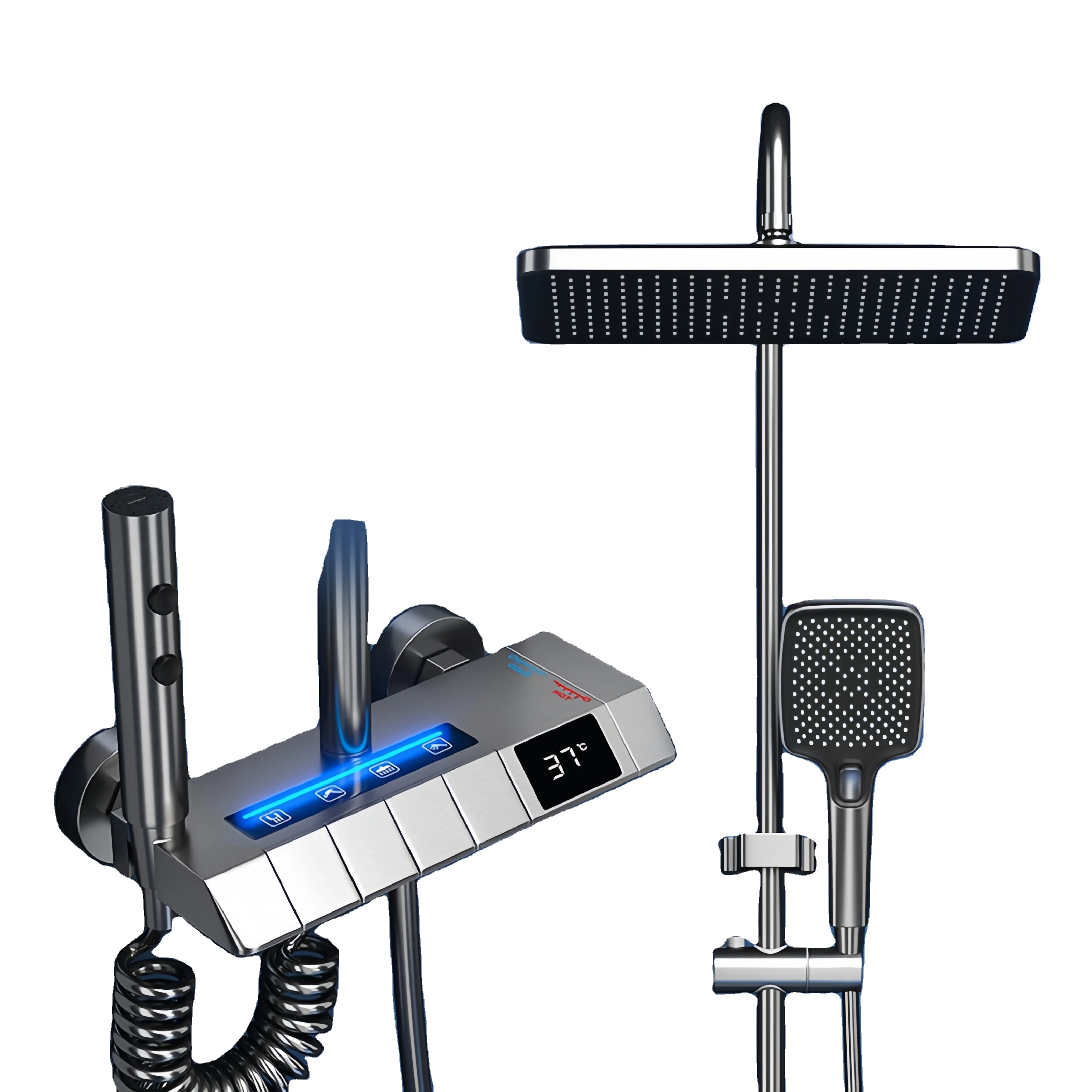 Hot Cold Shower System Bathroom LED Digital Shower Set Wall Mount Smart Thermostatic Bath Faucet Square Head SPA Rainfall Grifo