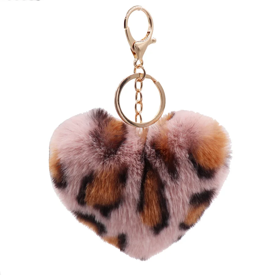 Factory wholesale 10cm plush keychain faux fur heart pom keychains heart shaped pompom Keyring