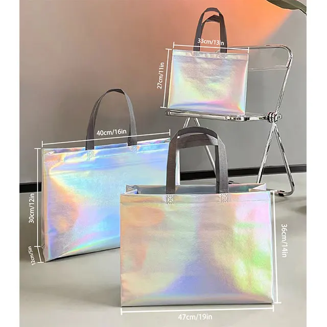 Custom Printed Luxury Metallic Foil Laminated Non Woven Gift Tote Pink Iridescent Glitter Reusable Shopping Bags With Logo