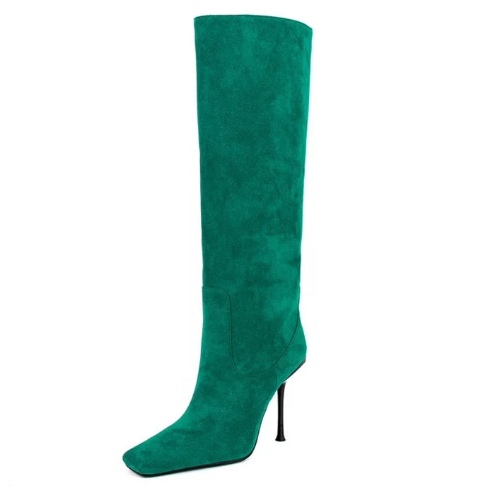 Latest Design Female Fashion Long Boots Square Toe High Stiletto Heel Suede Upper Shoes Big Size 44 Knee High Boots for Ladies