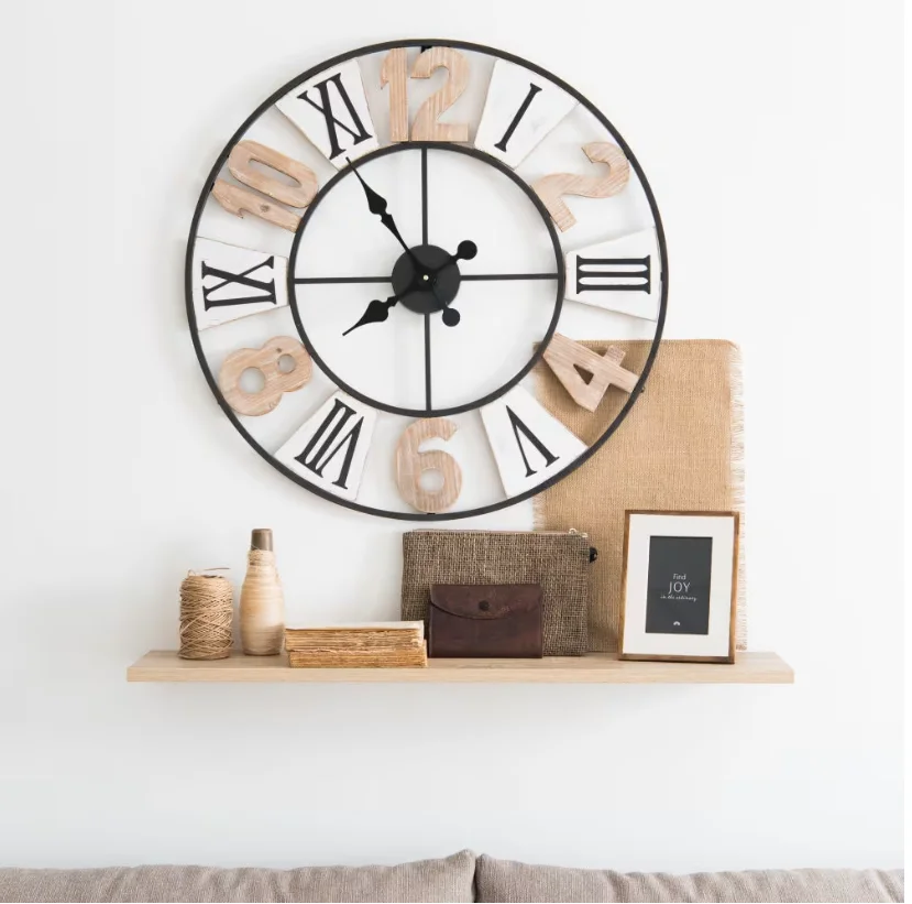 wall clock gear interior  household wooden frame metal wall clock for home decor
