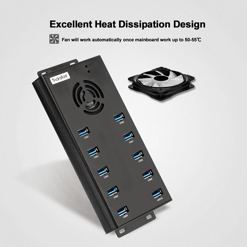 Sipolar High speed 5Gbps usb 3.0 10 port 120W powered usb 3.0 hub with power adapter din rail bracket for phone tablet vr