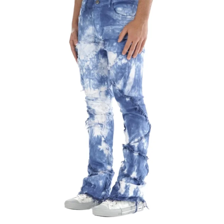 Customized Logo Distressed Ripped Homme Fashion Tie Dye Skinny Denim Stacked Jeans For Men