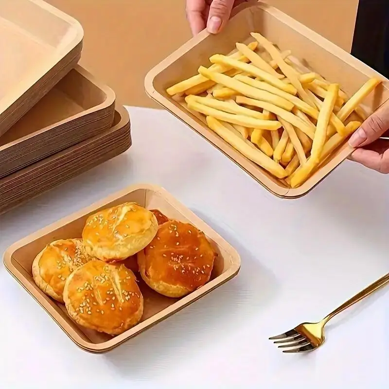 Factory customized kraft paper food trays, disposable kraft paper trays, oil resistant and waterproof fast food paper trays