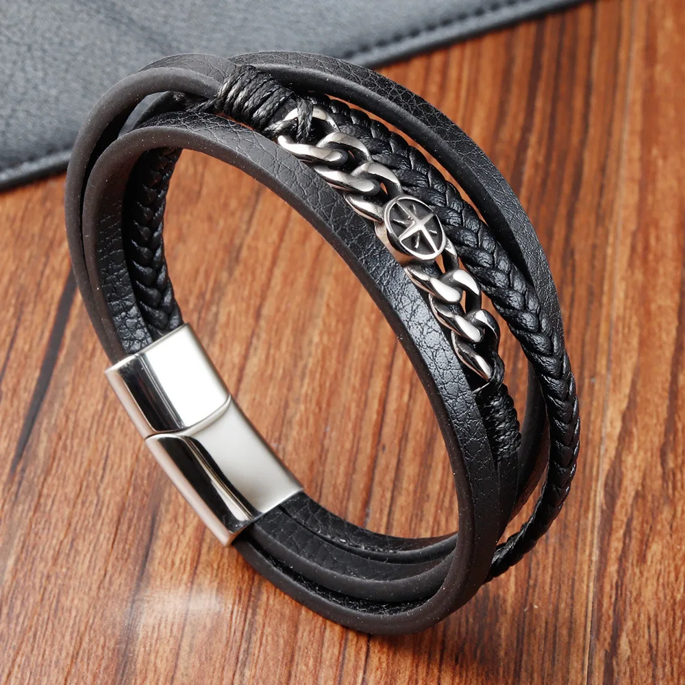 Custom Leather Wristband Bracelet Mens Leather Bracelet And Stainless Steel Chain  Magnetic Clasp Multilayer Leather Bracelet