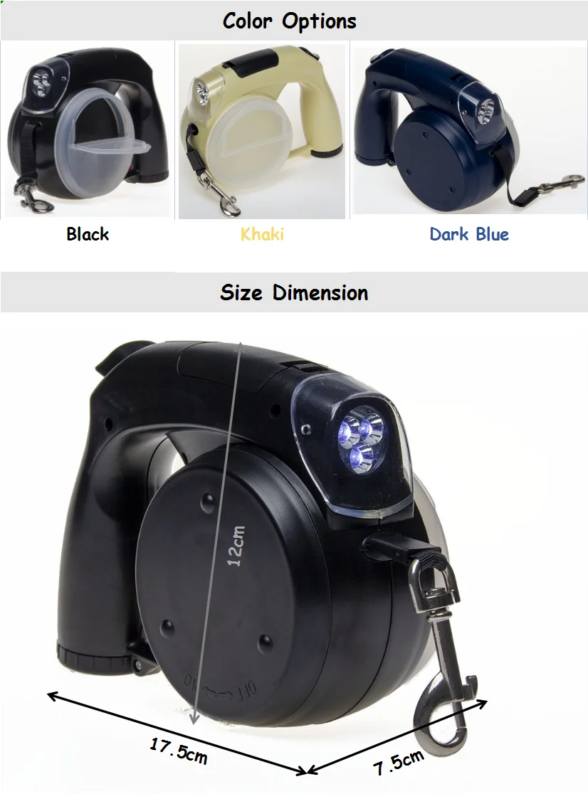 5 in 1 Retractable Dog Leash LED Dog Leash with Dog Bowl Poop Bag Holder