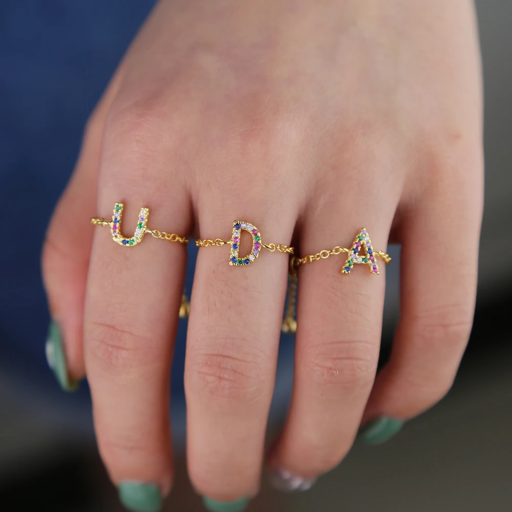 Tiny Chain New Design Chain Alphabet Rings A-Z Initial Name Ring Charm Jewelry New Adjust Ring For Girl Women Rainbow Jewelry