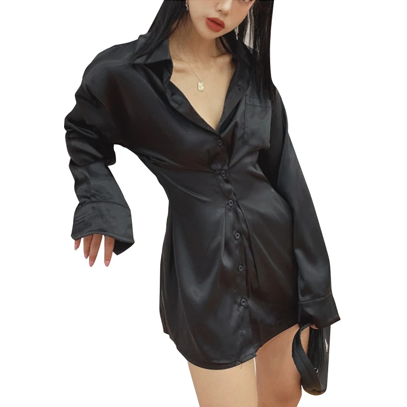 
CHICEVER Black Shirt Dress Lapel Long Sleeve High Waist 2020 Summer Fashion Tunic Women Mini Dresses 