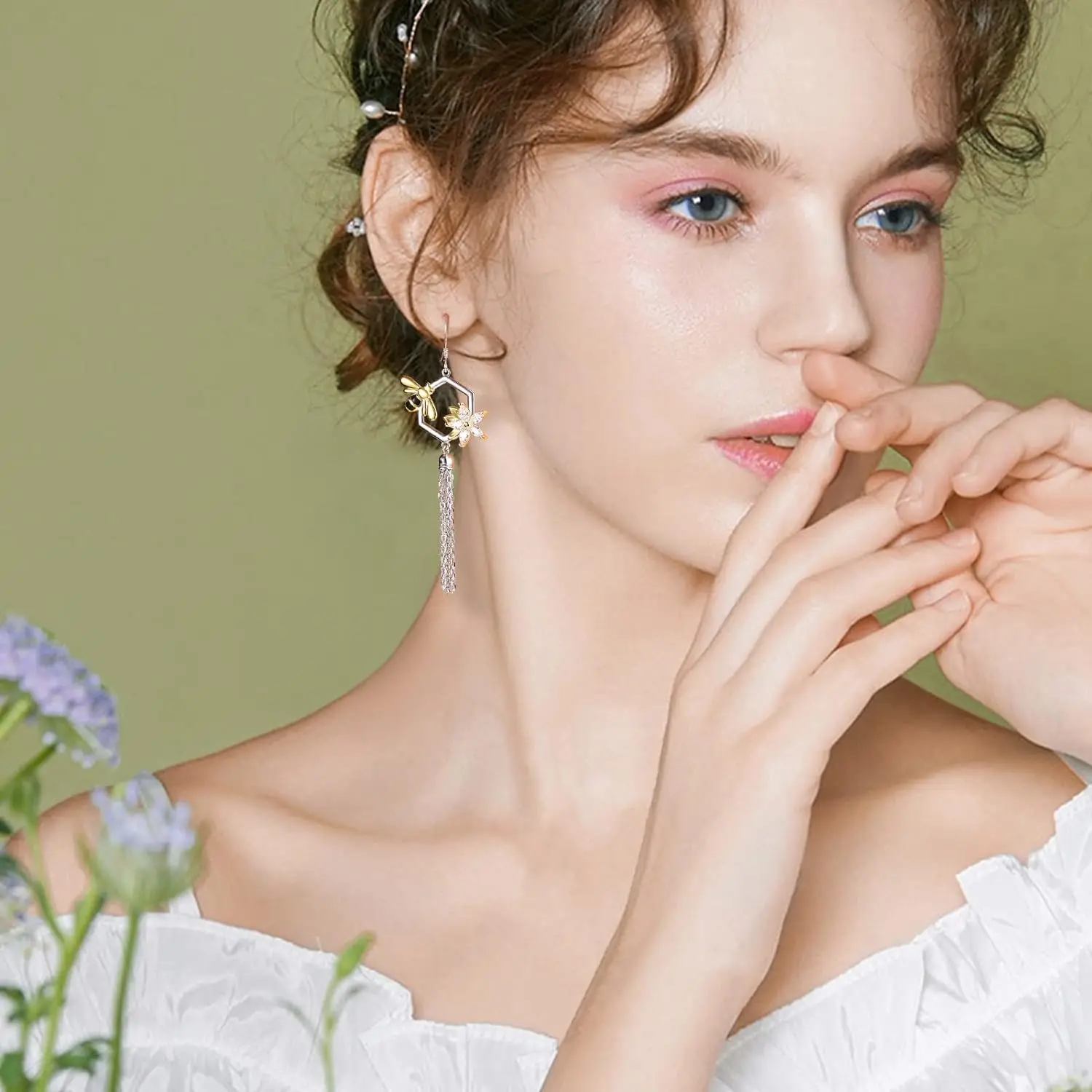 Silver Honeycomb Bee Tassel Earrings 925 Sterling Silver Bumble Bee Tassel Earrings Jewelry for Women