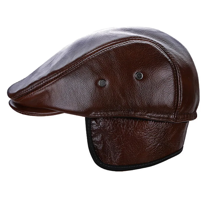 New Design Men Winter Warm Hat Genuine Cow Nappa Leather Cricket Hat Caps