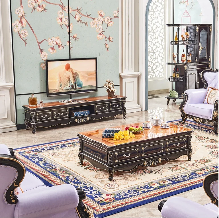 Luxury European 6-Drawer TV Stand Solid Wood Cabinet Set with Marble Top & Ebony Paint Carving Living Room Bathroom Villa