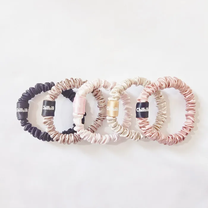 Custom log tag 100%  Silk Hair Ties Elastic Silk Scrunchies Luxury silk skinny scrunchies with 6A grade