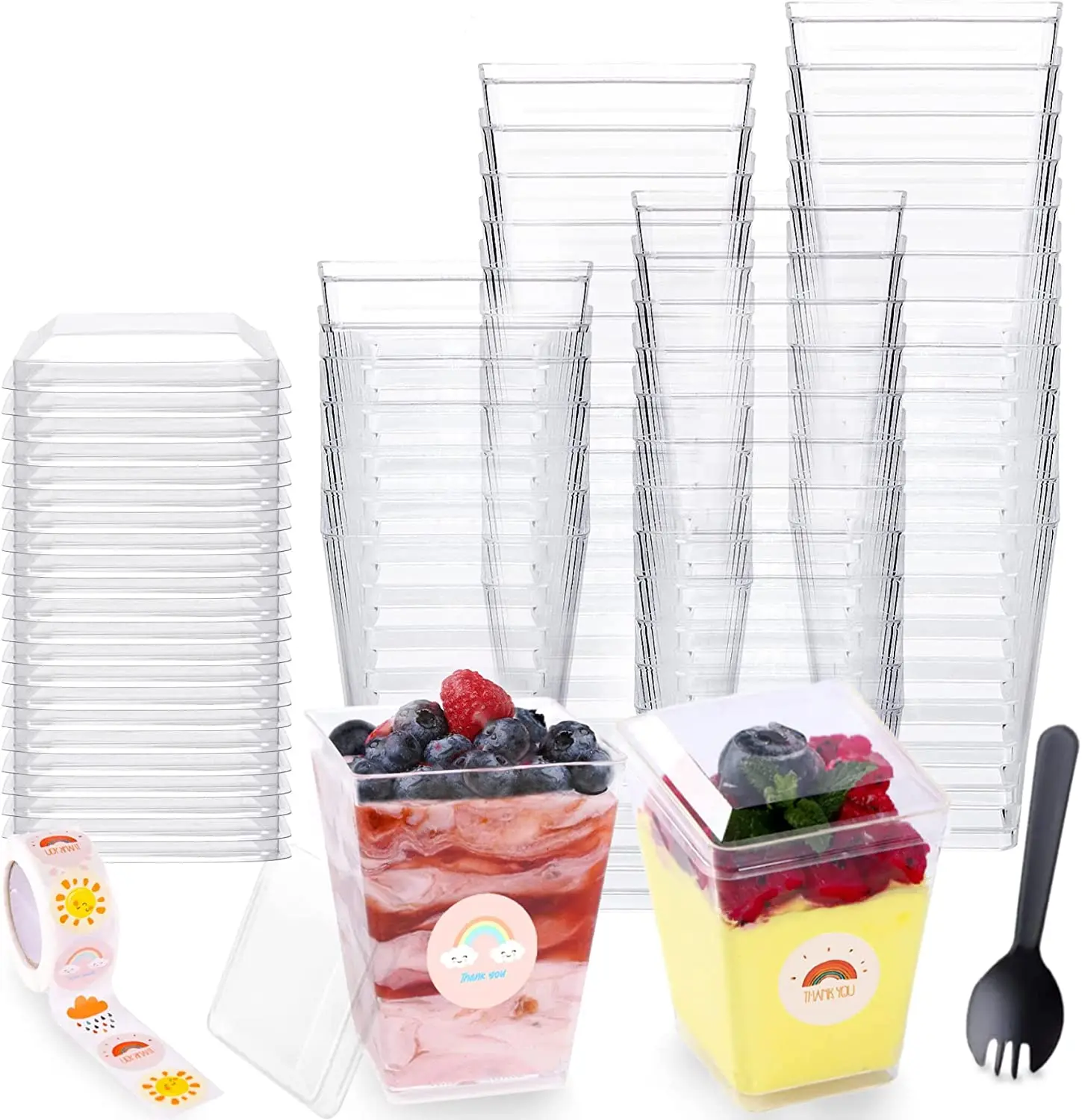 5oz Dessert Cups with Lids, Sporks and Stickers, BIICAIS Square Clear Plastic Parfait Tasting Cups Dessert Shot Glasses for Part