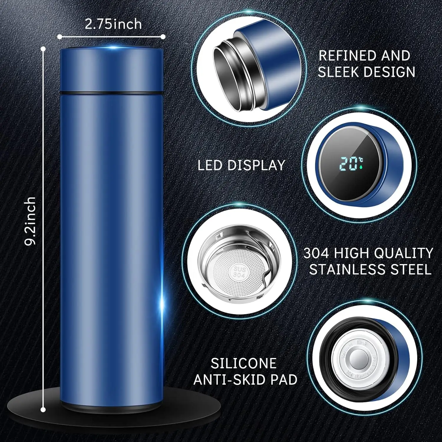Temperature Water Bottle LED Display  Double Walled Vacuum Insulated , BPA-free Leak Proof Keep Cold and Keep Warm 12H