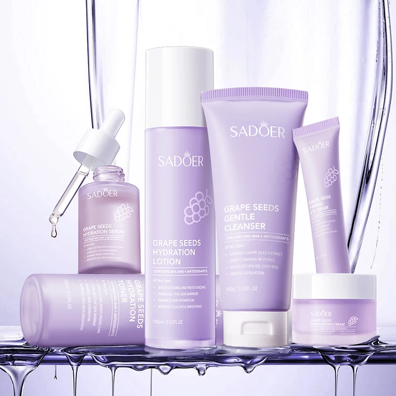 OEM SADOER Private Label Korean Grape Seed Multi-effect Moisturizing 6-piece set Face Skincare Anti Aging Repair Skin Care Set