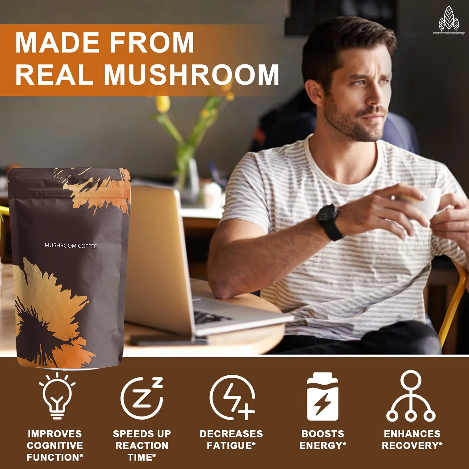 Private Label Ganoderma Mushroom Coffee Instant Detoxifies Body Instant Reishi Coffee Immune System Booster RYZE Coffee Powder