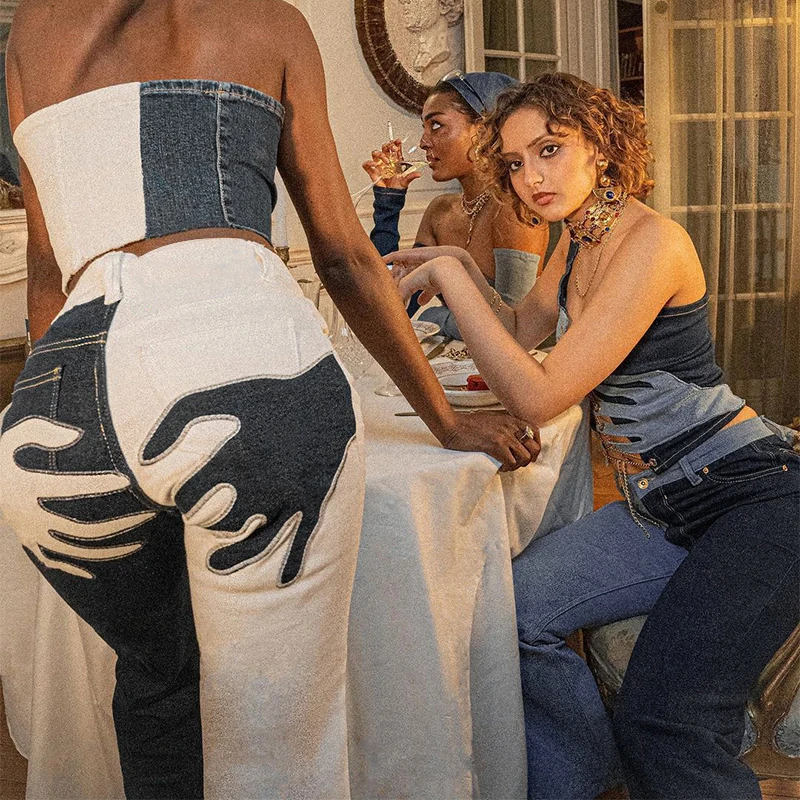 Женские джинсы с завышенной талией, брюки контрастных цветов с нашивками ладони, осень 2021