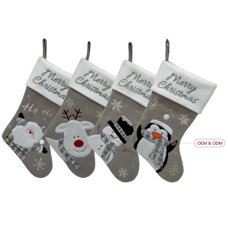 Custom Mini Grey Polyester Embroidered Santa Snowman Bear Penguin Patterns Candy Bag Christmas Stocking