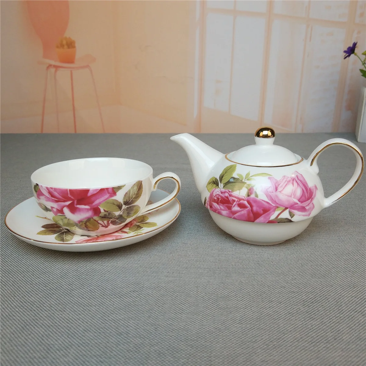 Porcelain Floral Teapot and Teacup For One