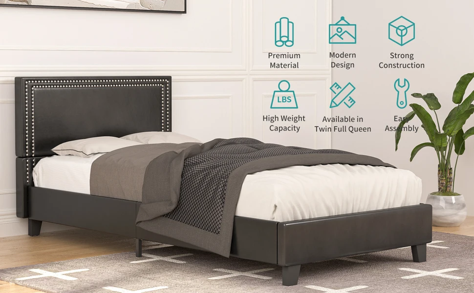 Hot Selling Modern Design Black Bed Frame with Nailhead Trim Headboard with Faux Leather Upholstered Panel Bonded Platform Bed