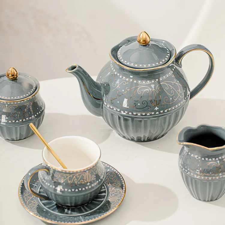 Luxury British tea pot sugar pot milk jug sets grey ceramic coffee tea cups and saucers set with gold rim
