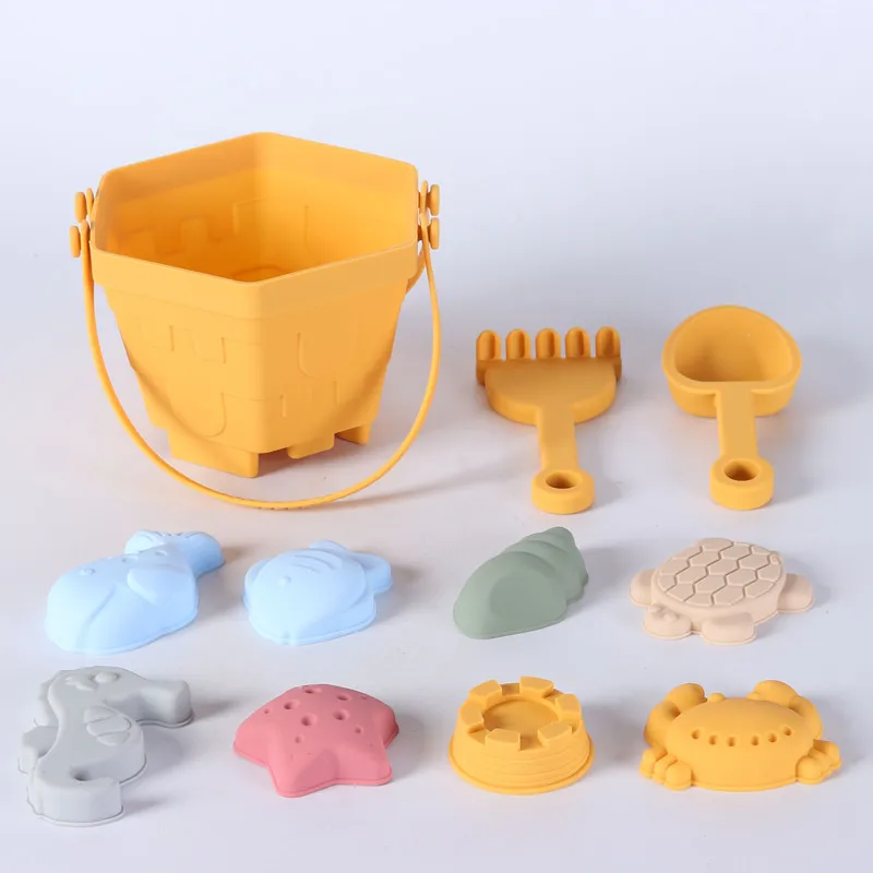 New Design 11PCS Silicone Baby Beach Toys Hexagon Bucket Playing Sandbox For Summer Seaside Digging Toy