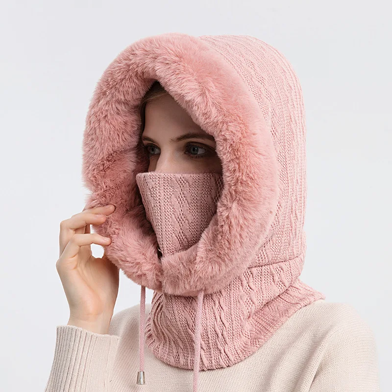 Solid Color Plush Edge Knitted Cap Women Winter Thickened Dual Use Mask Scarf Lady Outdoor Riding Warm Neck Protection Hat
