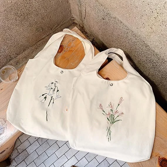 Wholesale Shopping Work School Groceries Beach Wide Handle Recycled Flowers Canvas Tote Bag Magnet