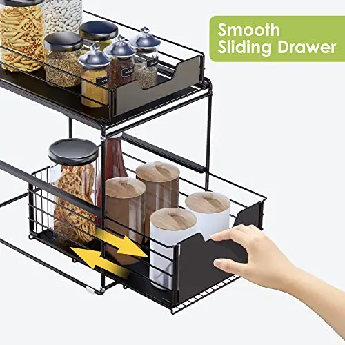 Black Stackable 2 Tire Sliding Countertop Organizer Under Sink Storage Drawer Shelf for Kitchen Cabinets