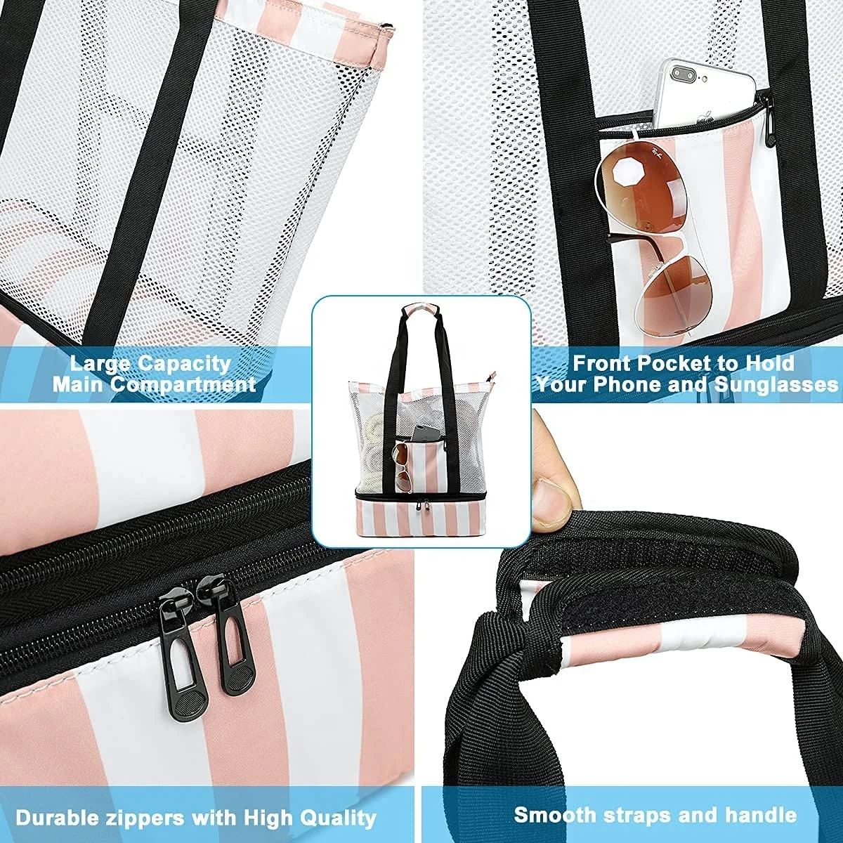 Tote Mesh Beach Bag with Cooler Sections Pool Bag for Women Detachable Insulated Picnic Bag
